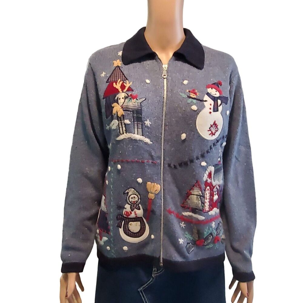 B.P. Design Vintage Christmas Zip Cardigan Sweater Snowman Blue Ramie Angora M